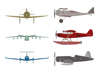 Aircraft, airplane, airliner. Small vintage piston engine airplane. Training aircraft. Set of air plane front side and top