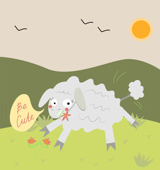 Cute cartoon sheep jumping in the field. The sheep has a wild flower. Character for a children's card