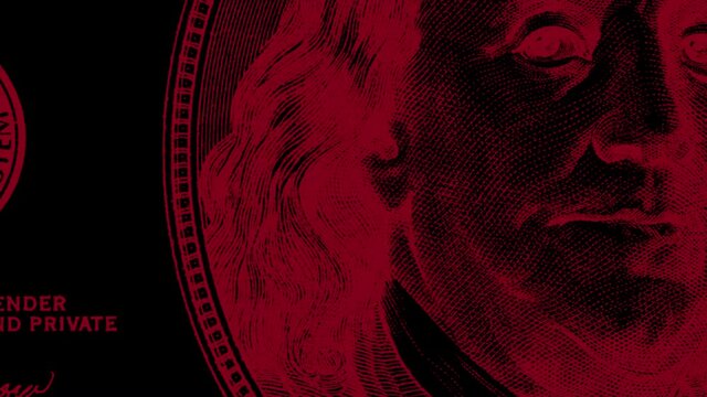An abstract concept of blood money, a camera scanning quickly across a United States 100 dollar bill in blood-red color, seamless looping.