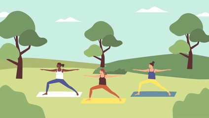Outdoor yoga class. Young women doing yoga in sportswear in city park in spring time. Healthy lifestyle, fresh open air workout. Vector illustration in cartoon flat style.