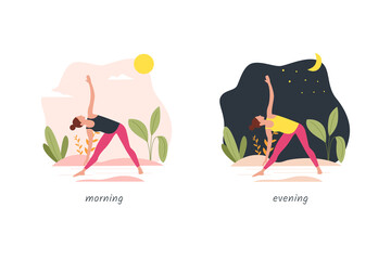 Female character practicing yoga in nature and leaves  morning and evening. Concept illustration for doing yoga, meditation, healthy lifestyle.  Modern vector illustration in flat