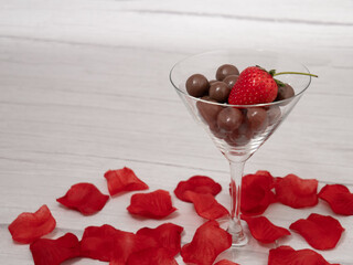 Chocolate and rose flower for romantic love Valentine's day concept with copy space. 
