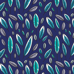 Colorful leaf pattern isolated on blue background. Seamless feather pattern