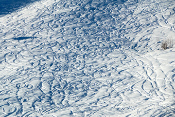 ski and snowboard tracks in the snow