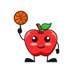 vector illustration of cute apple fruit sport or character play basket ball. cute apple fruit Concept White Isolated. Flat Cartoon Style Suitable for Landing Page, Banner, Flyer, Sticker.