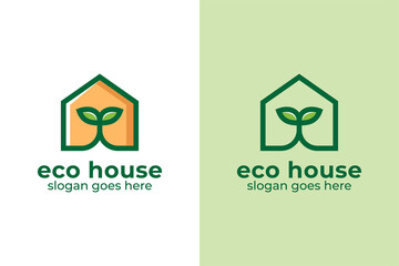 linear logo design of Leaf green house home real estate symbol or icon illustration