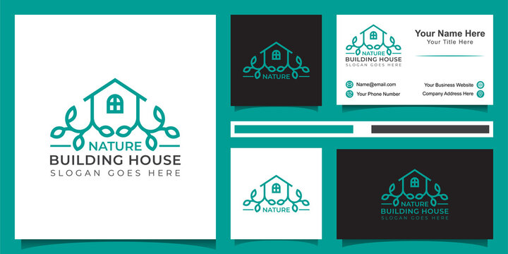 line art style logo of green house, nature building logo , agriculture home icon illustration with business card