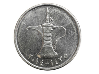 one United Arab Emirates dirham coin on a white background