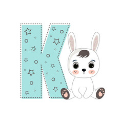Letter K and a cute cartoon rabbit. Perfect for greeting cards, party invitations, posters, stickers, pin, scrapbooking, icons. Fashion style