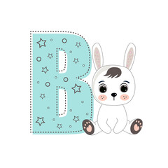 Letter B and a cute cartoon rabbit. Perfect for greeting cards, party invitations, posters, stickers, pin, scrapbooking, icons. Fashion style