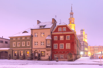Fototapeta premium Poznan Town Hall on Old Market Square in Old Town in the snowy Christmas night, Poznan, Poland