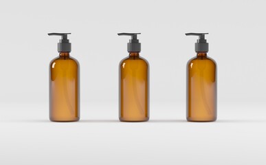 Amber Glass Bottle- Cosmetic - Soap Dispenser- Pump - Mockup 3D illustration