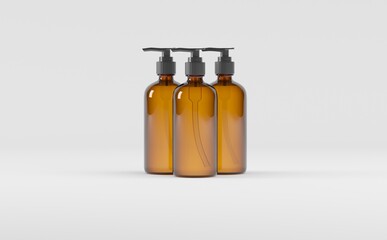 Amber Glass Bottle- Cosmetic - Soap Dispenser- Pump - Mockup 3D illustration
