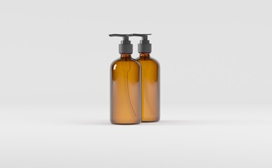 Amber Glass Bottle- Cosmetic - Soap Dispenser- Pump - Mockup 3D illustration