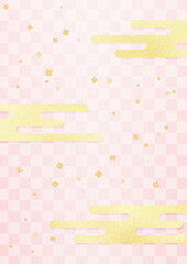 市松模様と金色の霞模様　金箔を散りばめた和風背景素材（桜色）縦型