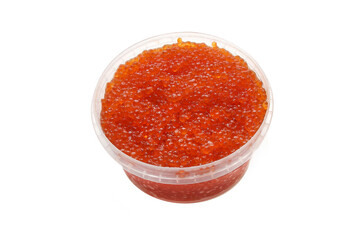 red caviar in a large plastic jar