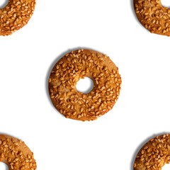 Cookies template with sesame seeds on a white background. View from above. Creative design, minimal flat lay concept.