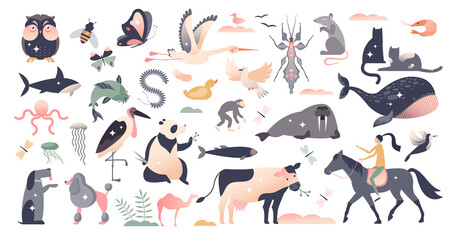 Animals set with various wildlife mammal species group tiny person concept