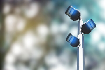 Led lights on white steel poles, energy saving technology separated from the background.