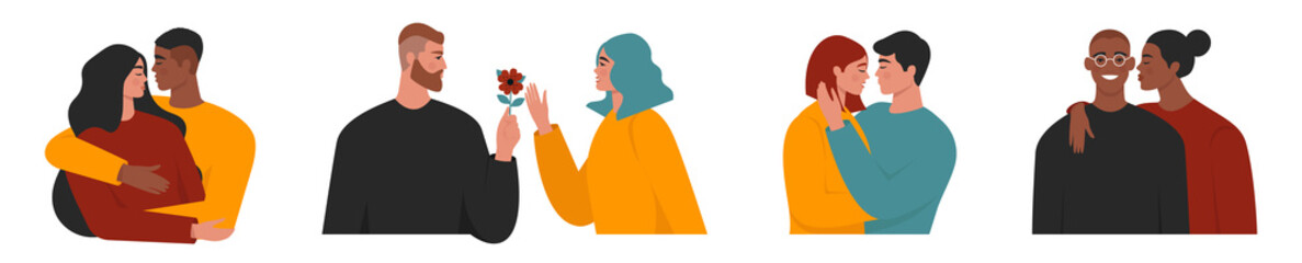 Couples in love collection. Isolated illustrations of young people having a romantic relationship. Cute young male and female characters. Romance concept. Flat vector set for Valentine’s day