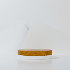 Product showcase platform with wood cylinder on white abstract shape background. 3D rendering of pedestal for product presentation. Pedestal with wood material
