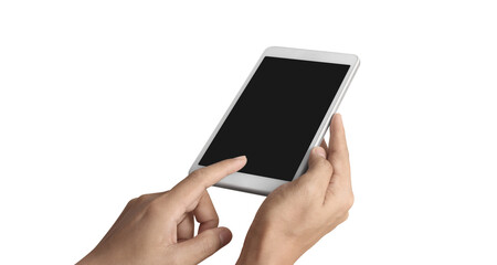 Hands holding  tablet touch computer gadget with  screen
