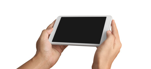 Hands holding  tablet touch computer gadget with  screen