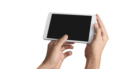 Hands holding  tablet touch computer gadget with  screen