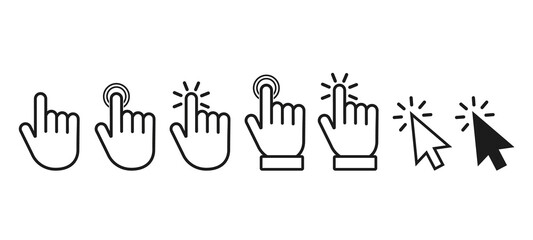 Click here the button with the hand and arrow icon. set of linear icons for websites