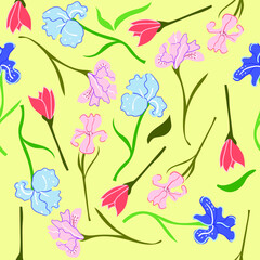 Seamless pattern of iris flower. Modern Flat illustration.