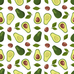 Seamless pattern with avocado and leaves on a white background