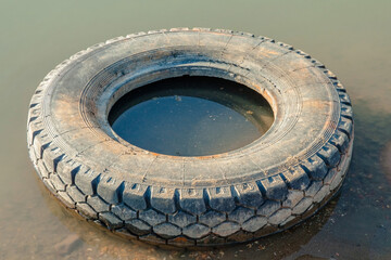 An old car tire lies in the river near the shore