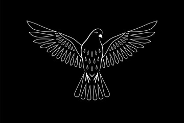 Engraving of stylized dove on black background. Decorative bird. Linear drawing. Flying bird. Stencil art. Dove of peace.