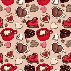 Assorted Valentine's day cookies heart shape and coffee vector pattern. Images of chocolate and glazed sweet cafe bakery, pastry. Food illustration for gift wrapping, fashion textile print, wallpaper.