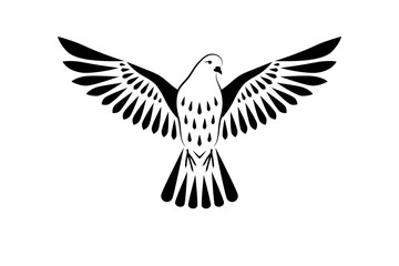 Engraving of stylized dove on white background. Decorative bird. Linear drawing. Flying bird. Stencil art. Dove of peace.