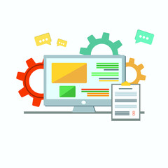 Desktop.Service. Web design. Production and maintenance of websites. Web graphic, interface design, responsive website. software engineering and development colorful icon. Flat style. Vector.