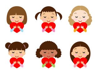 赤いハートを抱きしめる女の子（6人セット）
