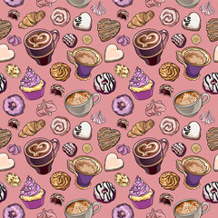 Cafe breakfast seamless vector pattern. Images of coffee, pastry, cupcake, cookies, donut, merenghi in rose and lilac colors. Illusrarion for gift wrapping, fashion textile print, wallpaper.