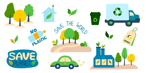 Fototapeta premium Collection of environmental illustrations with slogans-zero waste, waste recycling, ecology, save the planet, save the world. Set of decorative design elements on a Flat style, vector illustration.