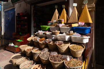 Morocco Spices And Cooking Ingredients, In The Medina Of Essaouira, Morocco.