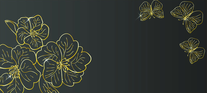 
Golden flowers sakura and butterflies on a black background. Floral template for cards, invitation, banner, poster. Vector.