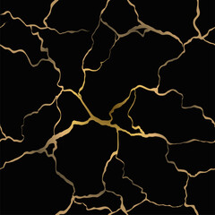 Antique Kintsugi restoration technique. Gold crack on black background. Vector seamless pattern. Broken marble luxury stone pattern effect. Cover surface.