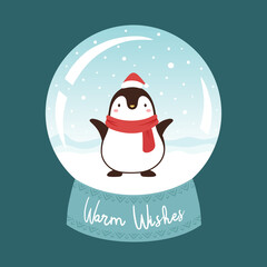 Cute Penguins with happy new year illustration, Merry christmas card  with hand drawn letters, snow globe winter vector illustration, christmas card