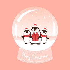 Cute Penguins with happy new year illustration, Merry christmas card  with hand drawn letters, snow globe winter vector illustration, christmas card