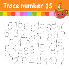 Trace number . Handwriting practice. Learning numbers for kids. Education developing worksheet. Activity page. Game for toddlers and preschoolers. Isolated vector illustration in cute cartoon style.