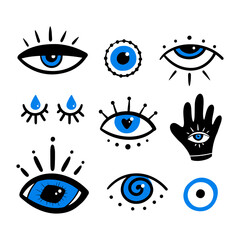 Set, collection of various mystical decorative eyes, evil eyes symbols. Intuition and spirituality concept. - obrazy, fototapety, plakaty