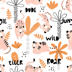 Vector hand-drawn seamless repeating color childish pattern with wild cats, plants and palms in Scandinavian style on a white background. Print with tigers and jaguars. Jungle animals.