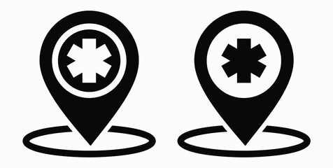 Hospital location icon. Pharmacy location. Location of the medical facility. Doctor's coordinates. Vector icon.