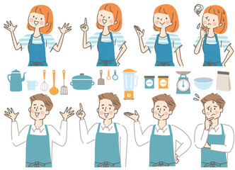 エプロン姿の男女とキッチンアイコンセット