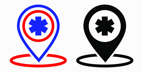 Hospital location icon. Pharmacy location. Location of the medical facility. Doctor's coordinates. Vector icon.